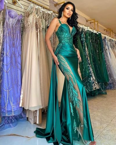 Mermaid Prom Dresses for Women Sparkly Lace Satin Corset Long Evening Formal Dress with Slit3