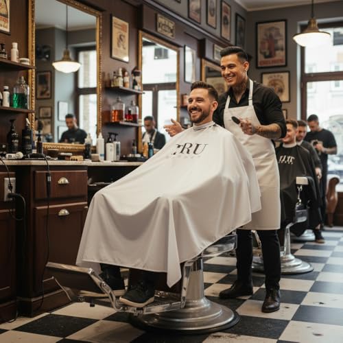 TRU BARBER Friseurumhang XXL, mit Silikonkragen, 100% Polyester, leichter und wasserdichter Mantel, professioneller Salonmantel mit Druckknopfverschluss zum Haareschneiden.