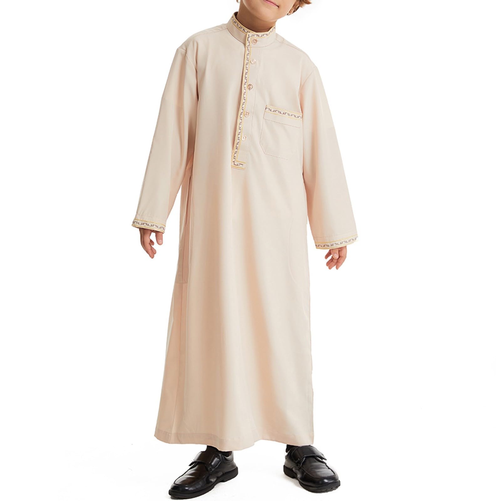 Arabic Thobe For Muslim Boys Robes Long Sleeve Kaftan With Pockets Solid Color Middle East Abayas Dubai Clothing 3-14T