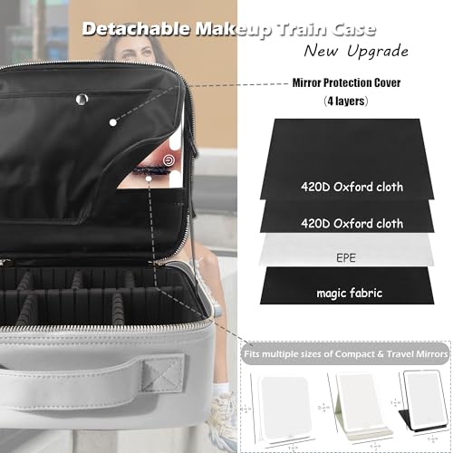 Image of MOMIRA Travel Makeup Bag Cosmetic Bag Makeup Organizer Bag with Lighted Mirror, Adjustable Brightness in 3 Color Scenarios, Waterproof Makeup Train Case, Gift for Women - Light Gray(Woven)