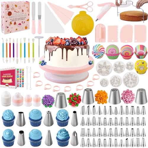 Torten Zubehör Set 301-teiliges, Nifogo Backzubehör, Kuchen Dekorieren Zubehör mit Tortenplatte Drehbar, Spritzbeutel, Spritztüllen Tüllen, Spatel für Anfänger