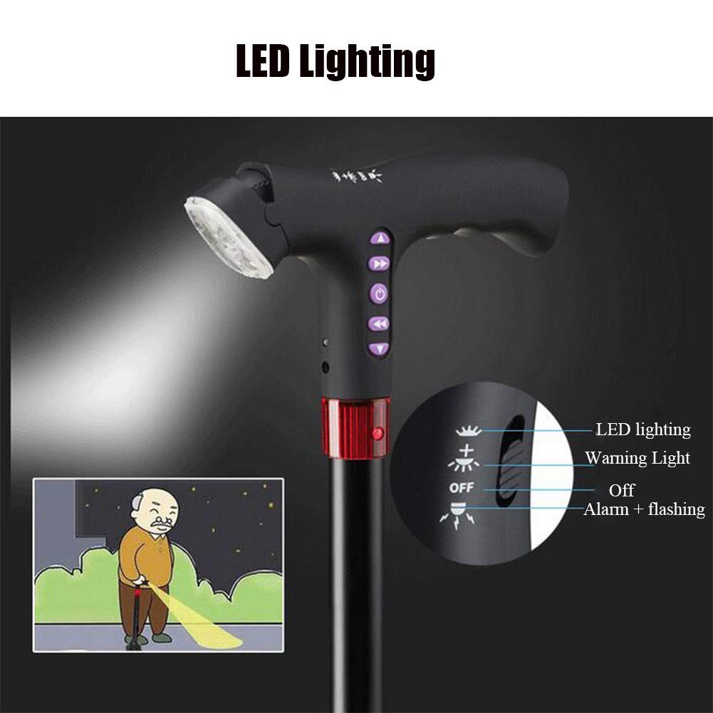 BJH Bastón para Caminar con luz LED Ajustable con Ajuste de Altura de Alarma Bastón para Caminar, Negro Interesting