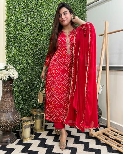 GoSriKi Women's Rayon Blend Straight Printed Kurta with Pant & Dupatta - Image 3