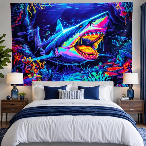 Image of BlissYard Shark Ocean Blacklight Tapestry Glow In The Dark UV Reactive Wall Hanging With Neon Coral Psychedelic Horror Poster Black Light Tapestries For Bedroom Party Decor 78x59 Inch