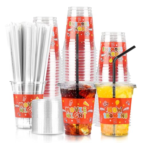HAPYPATY 12 oz Movie Night Cups with Lids and Straws Plastic Party Favor Cups for Snack Trays Movie Night Supplies for Birthday Party (50Sets/150Pcs)