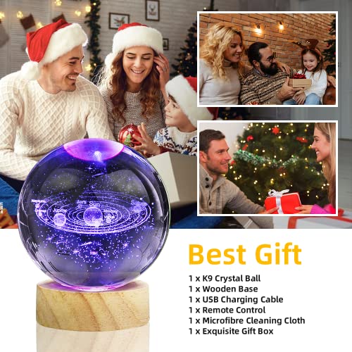 Image of 3D Solar System Crystal Ball Night Light with 16 Color LED Wooden Base, Upgraded 3.15 Inch Galaxy Planets Glass Ball Lamps with Remote for Birthday Christmas, Astronomy Space Gifts for Boys Girls
