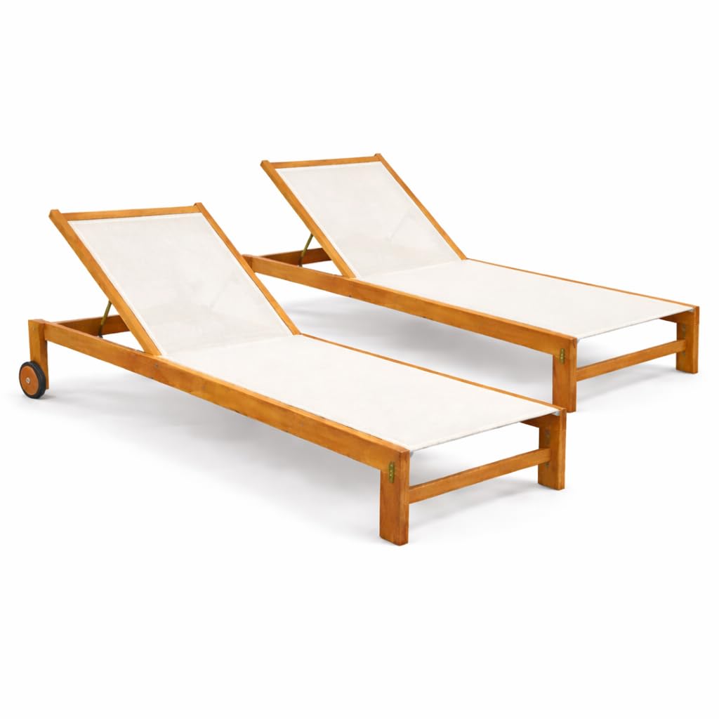 Set 2 Lettini Prendisole in Legno Teak con Ruote JAVA | Sdraio Giardino Reclinabile 4 Posizioni con Tela Traspirante | Lettini Piscina Outdoor Premium | (Beige)