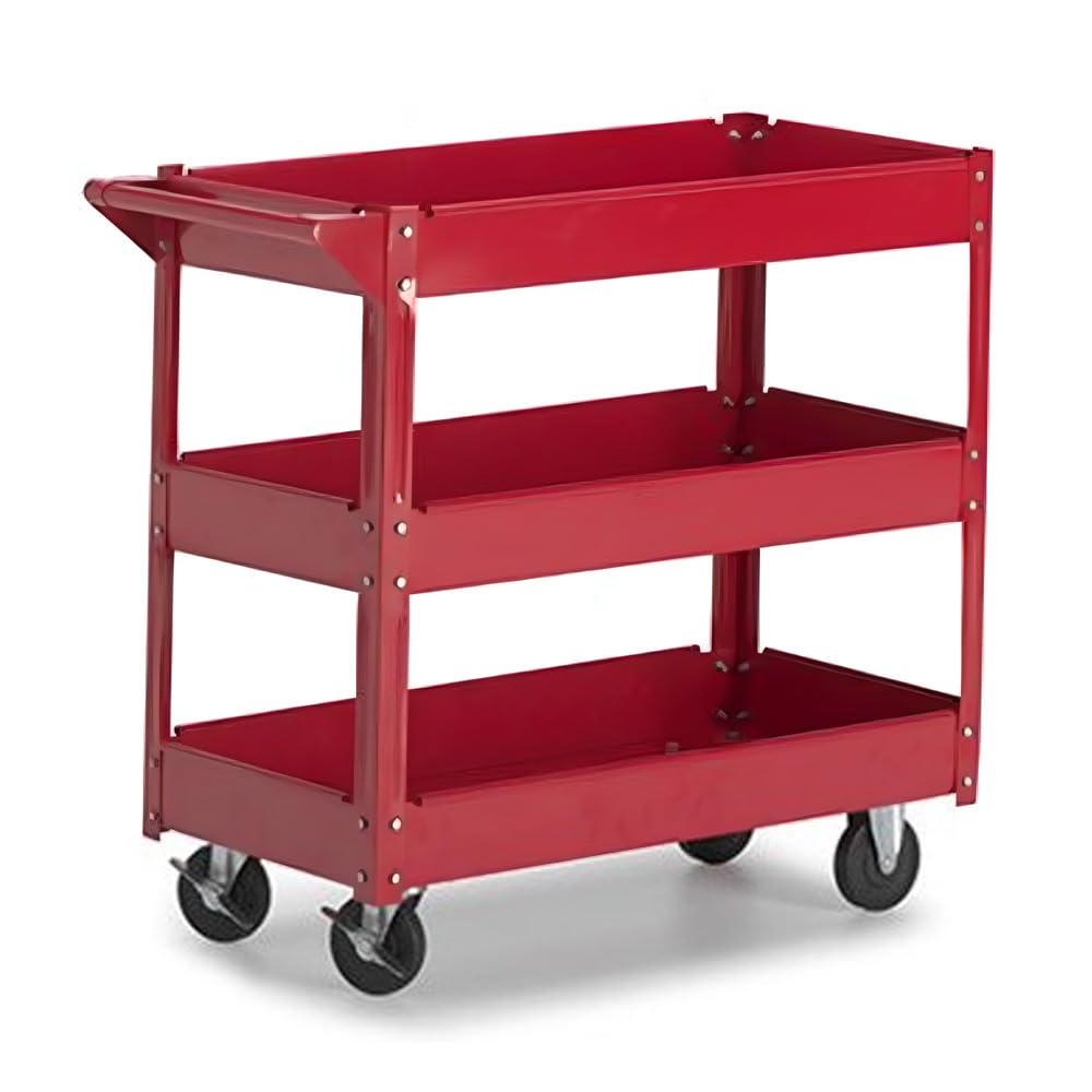 Aps Auto Paint Supplier Luton Red Heavy-Duty Three Tier Parts Trolley – Mobile Steel Utility Cart With 3 Trays For Automotive Garage & Workshop Organization
