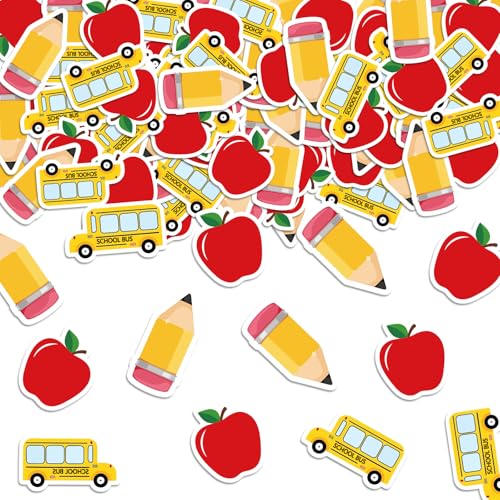 Back to School Table Confetti 300Pcs Apples Pencil School Bus Shaped Paper Confetti Scatter for First Day of School Classroom Table Decoration