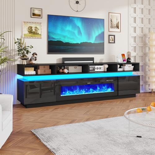 chartustriable Fireplace TV Stand for 100 TV 93 LED Entertainment Center with 50 Fireplace & Power Outlets High Gloss TV Stand Gaming TV Media Console for Living Room 93 Inch Black