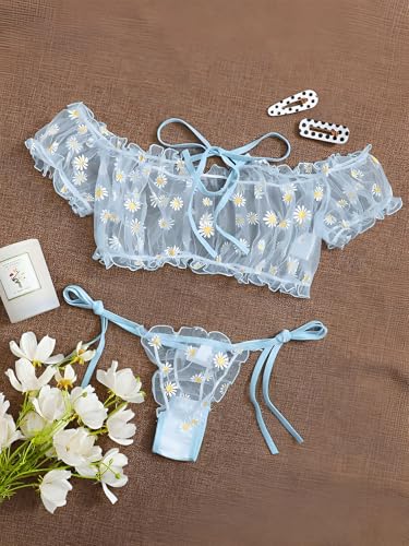 Image of Lilosy Sexy Stretch Ruffle Tie Sheer Mesh Lingerie Set Outfits 2 Piece Women Kawaii Cute See Through Matching Bra Panty Underwear Floral Light Blue Large