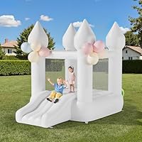 Warmiehomy White Bouncy Castle with Slide Indoor Outdoor Bounce House for Kids Age 3-8 Wedding Photo Booth for Garden Park Backyard Wedding Birthday Party Gift