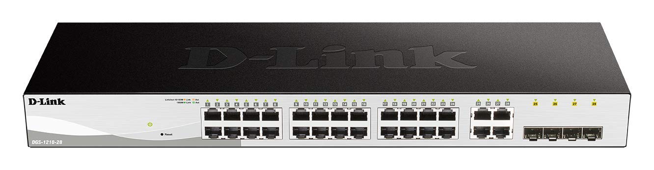 D-Link DGS-1210-28/E - Switch 24 Puertos Gigabit y 4 Puertos SFP Combo 100/1000 Mbps (Altura 1U, VLAN automática para Video vigilancia y telefonía IP) - Solo Cable de alimentación de la UE