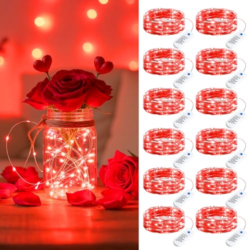 Image of Minetom 12 Pack Red Battery Operated Fairy String Lights 8 Modes | 7ft 20LED Waterproof Silver Wire Twinkle Lights, Firefly Starry Moon Lights for Mason Jars DIY Christmas Wedding Part