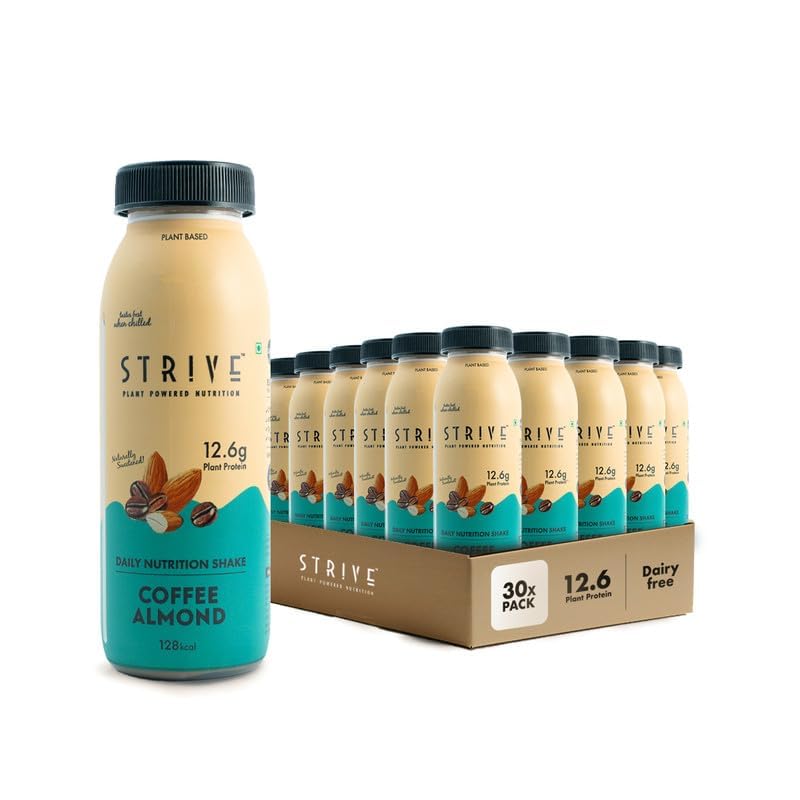 Strive Vegan Protein Shake with 12.6g Plant Protein and 25% Calcium, Naturally Sweetened, Low Calorie Drink, Gluten & Trans Fat Free, Gut Friendly, Source of Fiber, Pack of 30 x 200ml (Coffee Almond) (B0CVBF8BBN) Amazon Price History, Amazon Price Tracker