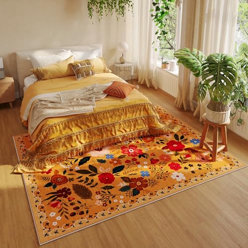 Living Room Rug 5x7 Rug Machine Washable Boho Area Rug Non Slip Floral Vintage Low Pile Large Rugs for Living Room, Bedroom, Farmhouse, Dining Room, Kids Playroom(Yellow)