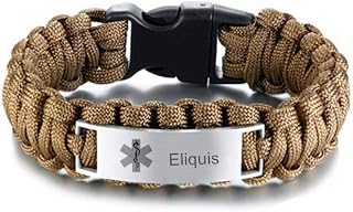 LF Mens Stainless Steel Free Engraving Customized Medical Alert Outdoor Brown Rope Paracord Survival Medical ID Bracelet Sos Emergency Cuff Bracelets for Adult Hiking Camping Hunting Activities