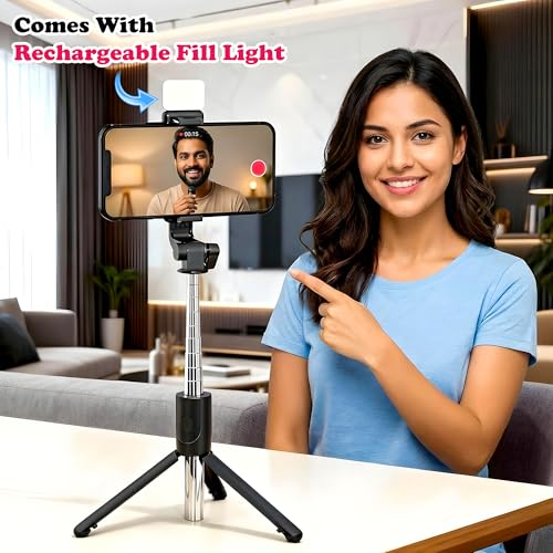Image of SWAPKART 3-in-1 Extendable Selfie Stick Tripod with Wireless Bluetooth Remote & LED Light for Photoshoot, Make Up & Selfie 70cm, Compatible with Smartphones & GoPro
