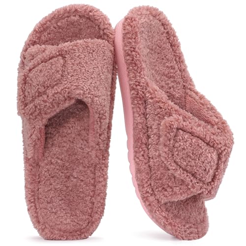 Litfun Womens Fuzzy Arch Support Slippers Orthopedic Comfy Adjustable Open Toe House Shoes, Pink 39