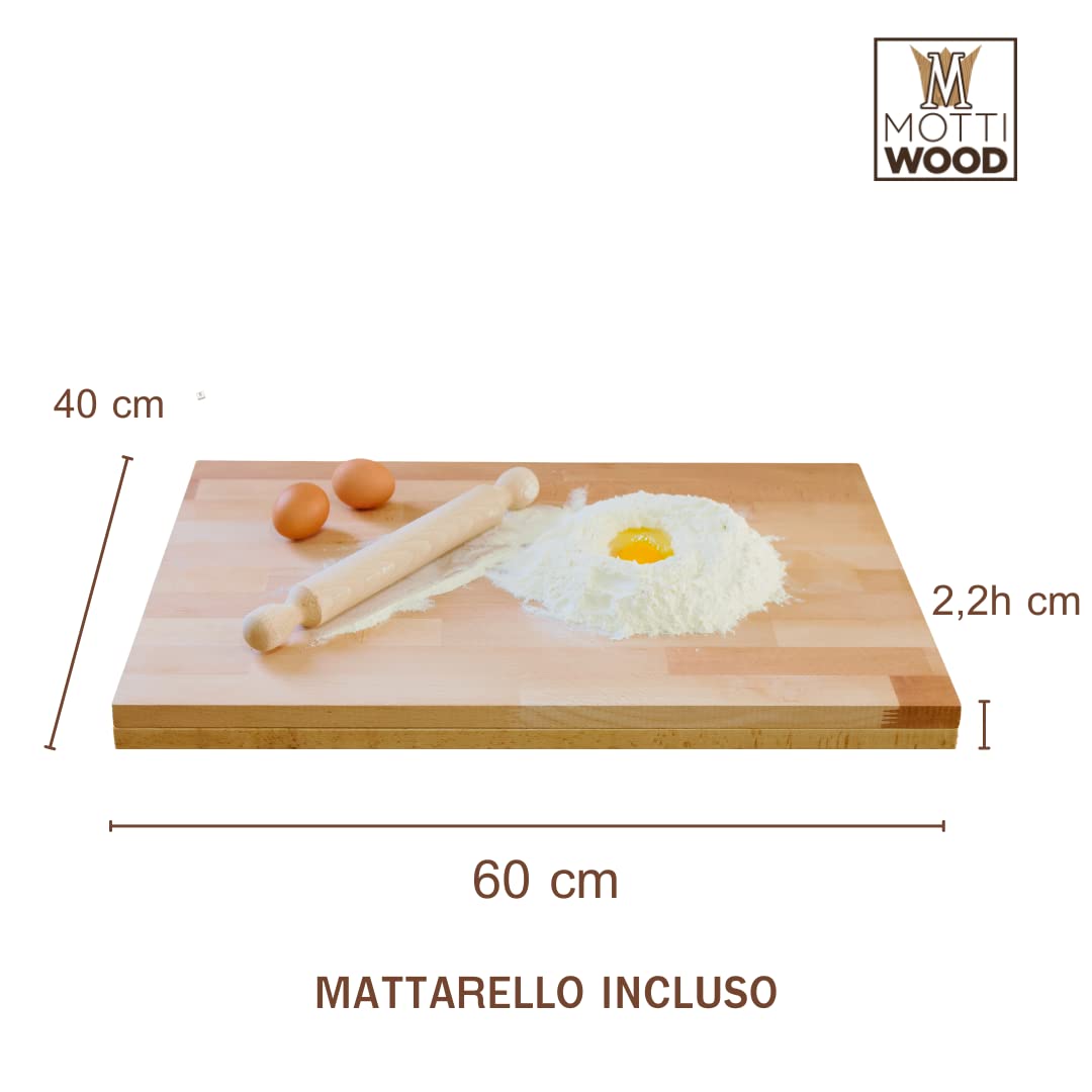 Tabla de pasta, rodillo incluido, 100% madera de haya, 60 x 40 x 1,9 cm, con escalón (2,2 cm)