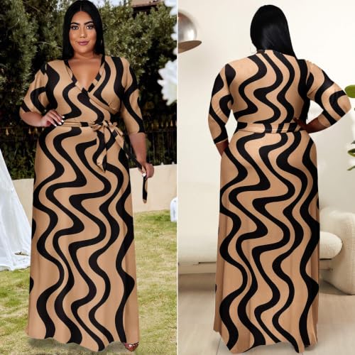 Image of Runwind Plus Size Dresses for Women Floral Maxi Dress Flowy 3 /4 Sleeve with Belt