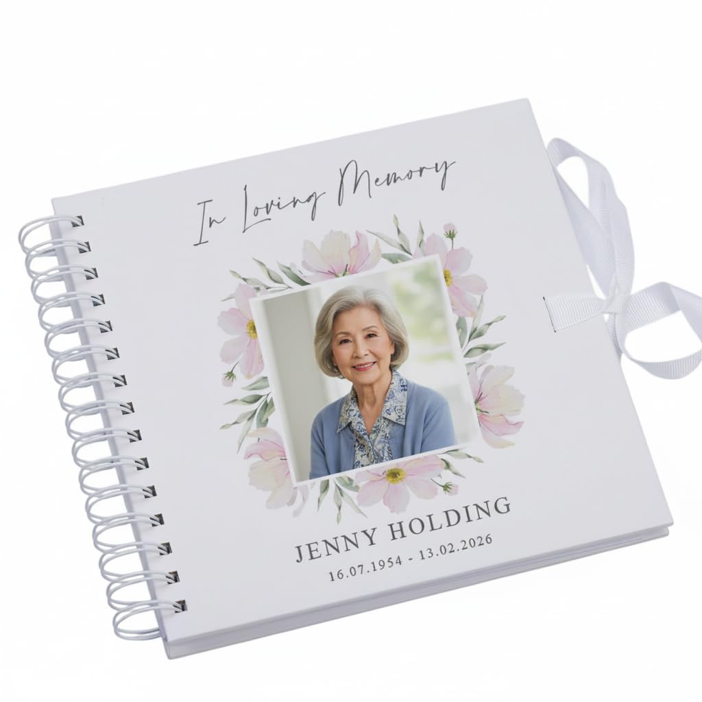 Personalised Luxury Remembrance Guest Book with Photo, Hardcover, 18cm x 18cm, 80 Pages, Metal Spiral Binding, Ribbon Closure, Memorial Condolence Book, Book Of Life (Watercolour Floral)