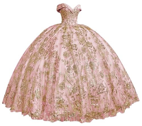 TRHTX Ruffle Layered Tulle Quinceanera Dresses Off Shoulder Sweet 16 Dresses Gold Gold Appliquess Sparkly Ball Gown