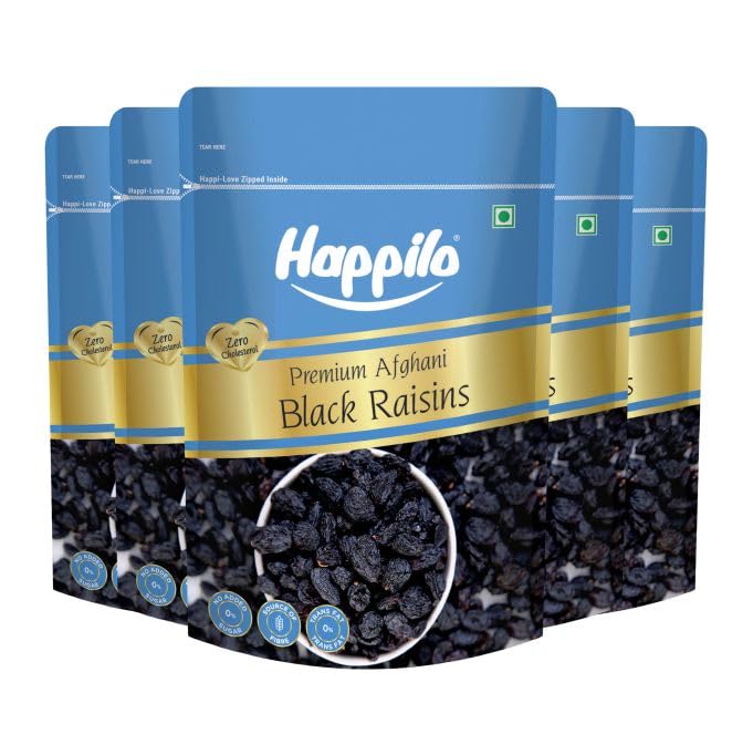 Image of Happilo Premium Afghani Black Raisins with Seeds 250g |Healthy Snacks, Dry fruits, Kishmish| Rich in Fiber, Antioxidants, Zero Cholesterol (Pack of 5)