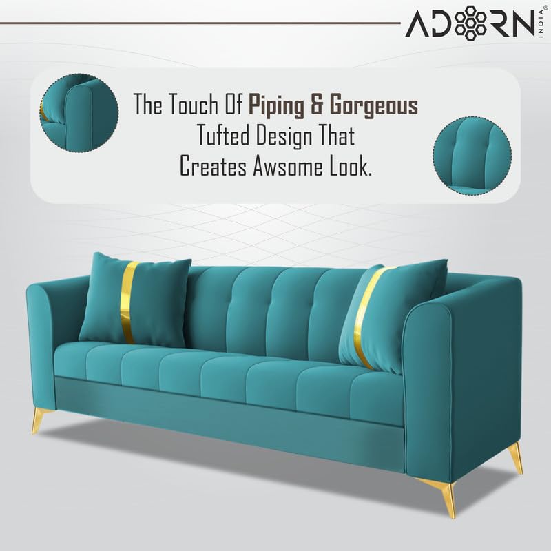 Image of Adorn India Premium Mystic - 3 Years Warranty - 3 Seater Sofa Velvet Suede Fabric - Aqua Blue