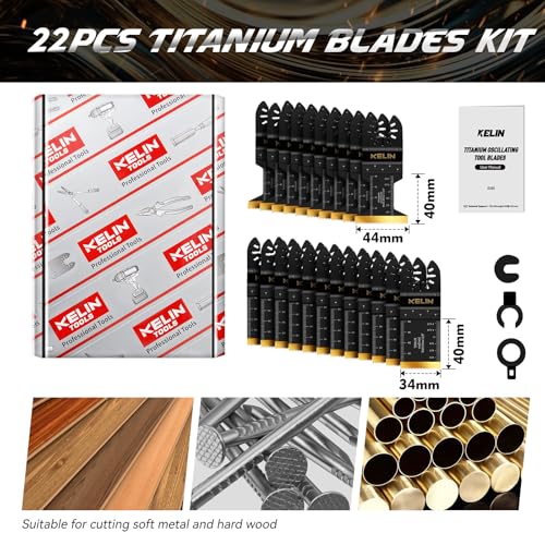 Image of KELIN 22PCS Titanium Multitool Blades Kit for Metal Wood Detail Cutting, Oscillating Tool Saw Blades Set, Standard Size, Fit Bosch Fein Milwaukee Ryobi Dewalt