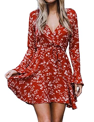 Relipop vestido feminino floral estampado gola V flare manga comprida babados bainha vestidos com co