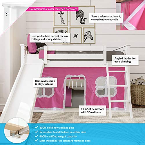 Max & Lily Low Bunk Bed with Slide, Twin-Over-Twin Bed Frame For Kids With Curtains For Bottom, White/Pink - Image 3