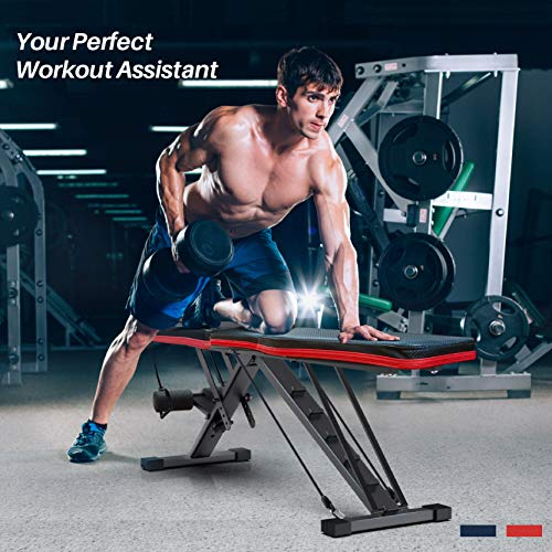 WEMARS Adjustable Weight Bench, Foldable Utility Workout Bench for Home Gym, Incline Decline Strength Training Benches for Full Body Workout with 2 Resistance Bands