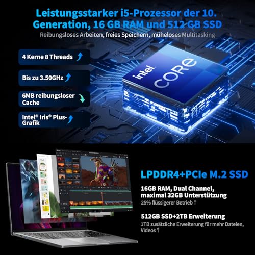 Blackview Laptop Acebook 12 Intel Core I5-1030NG7, 16 Zoll FHD, 16GB DDR4, 512GB SSD 2TB,Win11 Pro Notebook, 57Wh Mega Akku/ 67W Schnellladung, HDMI 2.0, Tastatur QWERTY, USB 3.0×2, Dual-Band 5G WiFi – Bild 3