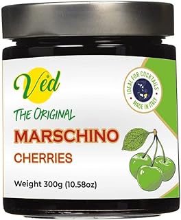 Ved Gourmet Original Green Maraschino Cherries - Italian Cherry for Old-Fashioned Cocktails - Vegan Cocktail, Bourbon Cherries in Natural Syrup for Cocktail Garnish - 300g Jar