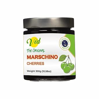 Ved Gourmet Original Green Maraschino Cherries - Italian Cherry for Old-Fashioned Cocktails - Vegan Cocktail, Bourbon Cherries in Natural Syrup for Cocktail Garnish - 300g Jar