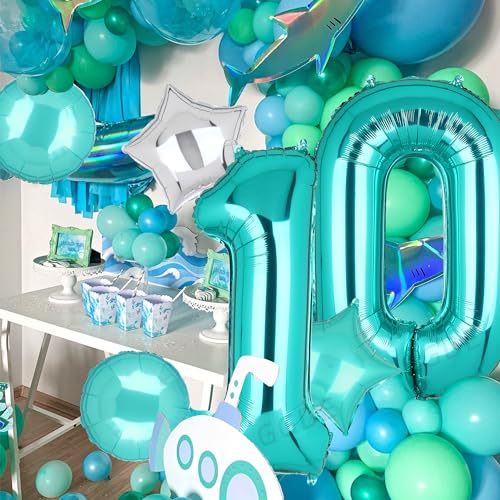 Image of Teal Blue Number 10 Balloons 40 Inch Big Helium Mylar Digital Balloon Mermaid Theme Anniversary Wedding Kids 10th Birthday Party Decor Supplies 5 Pcs