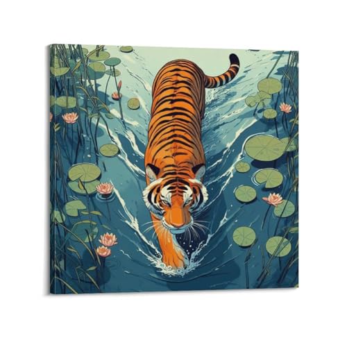 Impression sur toile tigre et nénuphars, tableau apaisant pour mur de chambre 50x50 cm