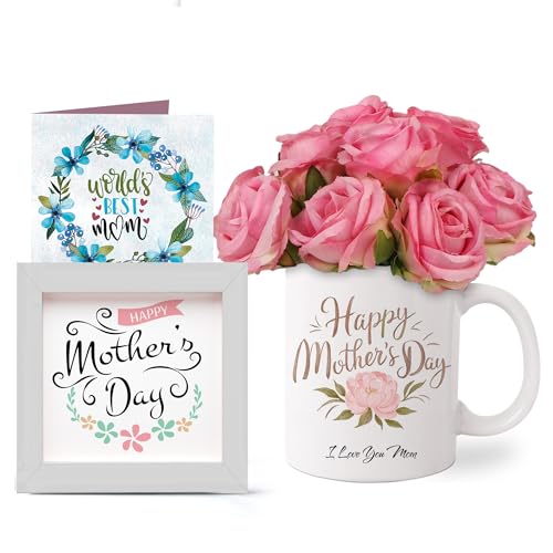 Image of TIED RIBBONS Gift for Mom, Birthday Gift for Mom Women Wife Mother in Law Mummy (Artificial Flower Rose Bunch with Ceramic Coffee Mug, Photo Frame & Greeting Card) Set Combo Set
