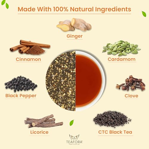 Image of TEAFORA Ginger Masala Chai Tea | Assam CTC Loose Black| Blended with Authentic Indian Spices | Indian Ginger Tea | 100% NATURAL INGREDIENTS - 100g