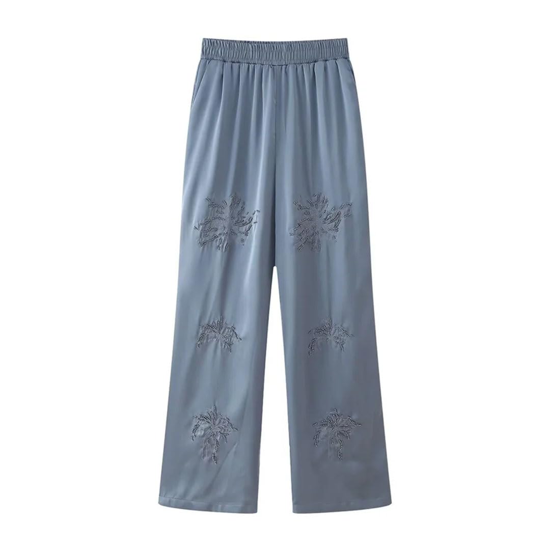 Stile delle donne Flip Collar con perline ricamato camicia, vita alta gamba dritta pantaloni Set