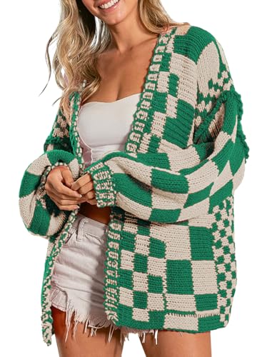 Image of SELINK Women's Cardigan Sweater Vintage Open Front Mixed Checkered Pattern Chunky Knit Plaid Long Sleeve Daily Outwear, Green Beige, XL