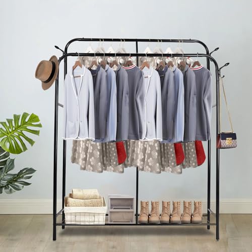Image of LEOPAX Premium Metal Garment Rack, Coat Rack, Clothes Stand, Closet Organizers and Storage with Single Layer Shelf for Storing Clothes, Shoes, Bags - Black - 135 x 28 x 154cm