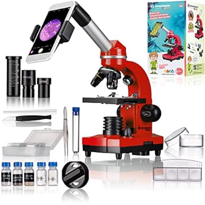 Bresser Microscopio para Estudiantes Biolux Sel con Soporte para Smartphone Ricos Accesorios y Sistema de Zoom Barlow para niños Principiantes y Adultos Color Rojo
