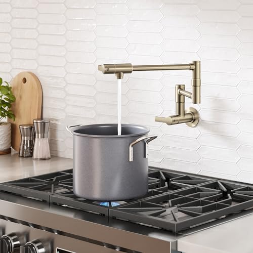 Image of KRAUS Oletto Pot Filler Faucet with Retractable Arm, Wall Mount Kitchen Faucet, Pot Filler for Stove in Spot-Free Brushed Brass, KPF-5001SFACB