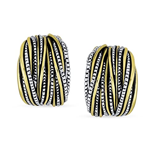 Half Hoop Shrimp Style Two Tone Caviar Bead Braided Crossover Wire Dome Clip On Earrings For Women Non Pierced Ears Oxidized Silver Gold Plated Brass2