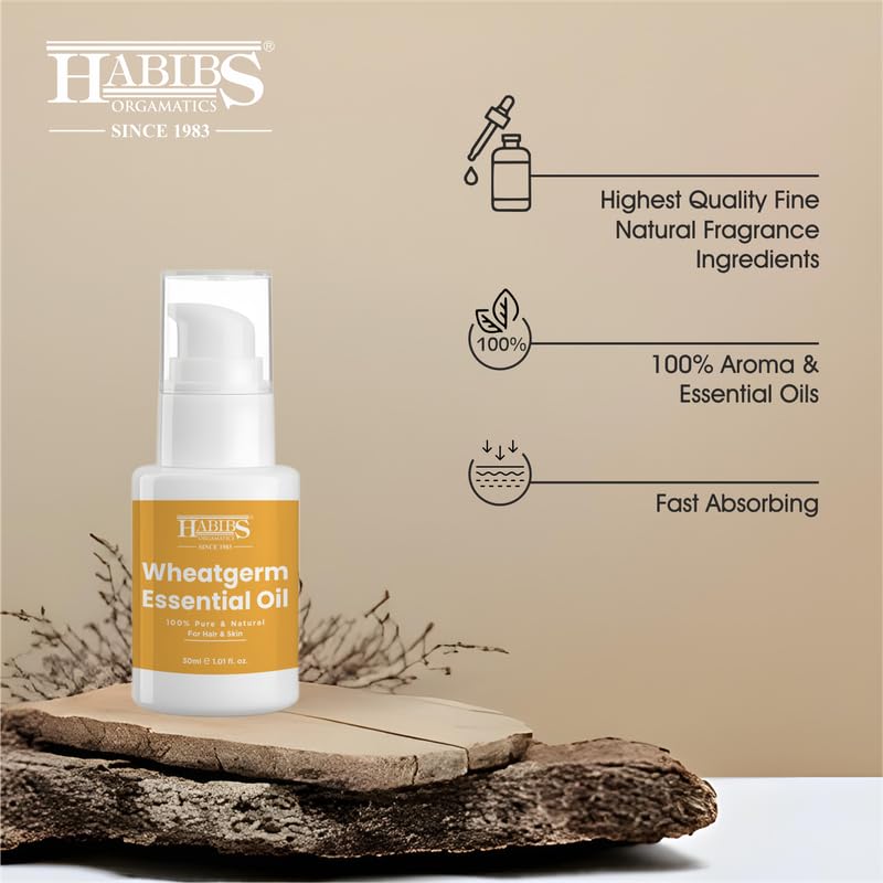 Image of Habibs Orgamatic Pure Wheatgerm Carrier Oil - 100% Natural, Cold-Pressed for Anti-Aging Skin & Hair Nourishment 30ML