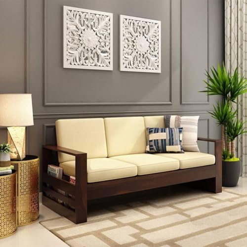 Image of Sheesham Wood 3-Person Sofa for Living Room Home || Solid Wood 3 Seater Sofas Without Small Cushion Furniture for Guest Room Office (Walnut Finish)