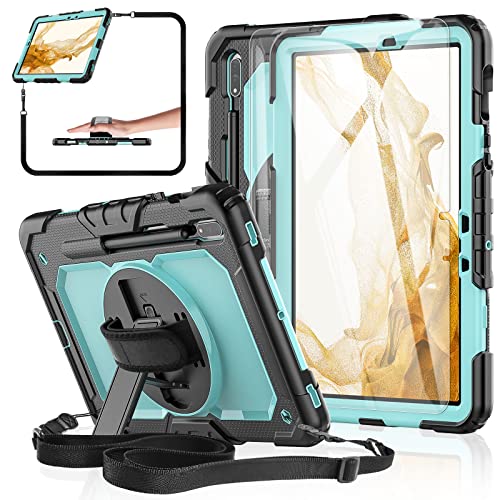 BASE MALL Tablet Case for Samsung Galaxy Tab S8/S7 11-inch 5G 2022/2020 [with Tempered Glass Screen Protector], Rotating Kickstand/Hand & Shoulder Strap/S Pen Holder (SkyBlue)