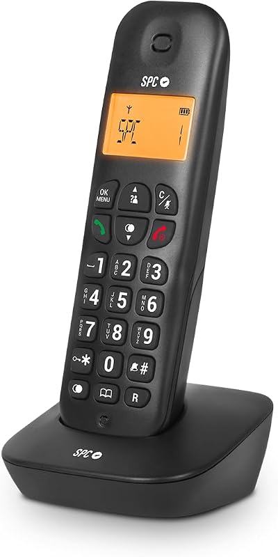 SPC Air – Teléfono Fijo inalámbrico con Pantalla iluminada, identificador de Llamadas, Agenda 20 contactos, Modo Mute, 5 melodías Disponibles, compatibilidad Gap y Modo Eco - Negro